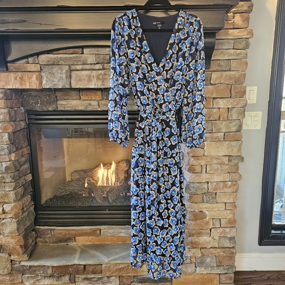 Maggy London Blue Wrap Dress with Bishop Sleeves and V-Neck